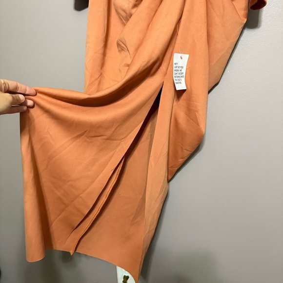 ASOS Design Elegant Tan Orange Long Sleeve Bardot Neckline Drape Mid Dress - Picture 7 of 11